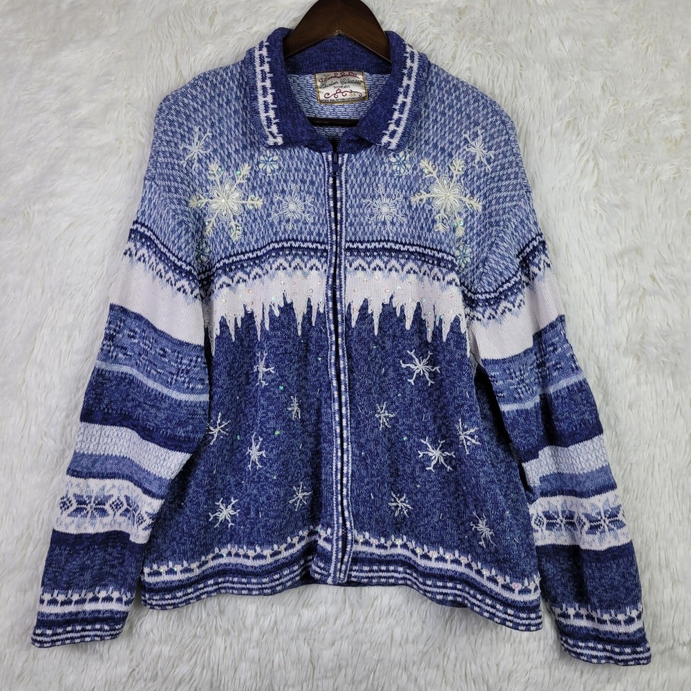 Heirloom Collectibles Women's 2XL Winter Full Zip Sweater Snowflake Winter